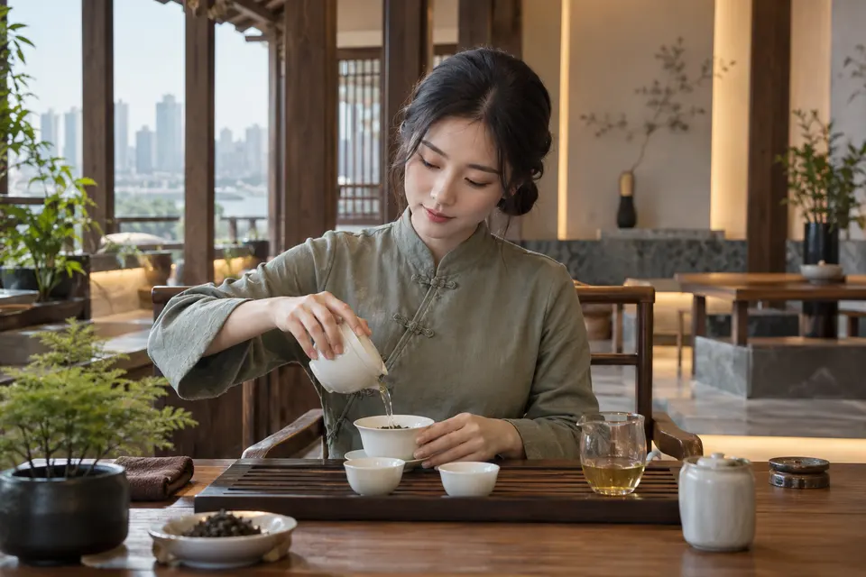 长沙新中式盖碗冲泡场景，茶席上正在进行盖碗出汤