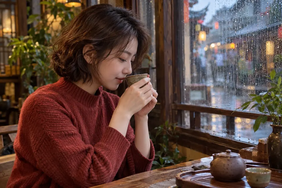 雨天窗边用陶杯品饮，桌面上放着茶样与记录纸