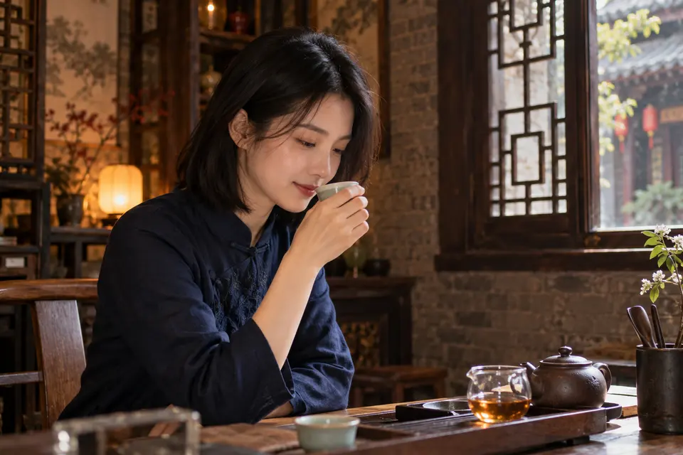 深色木作室内闻香场景，陶杯靠近鼻端感受茶香